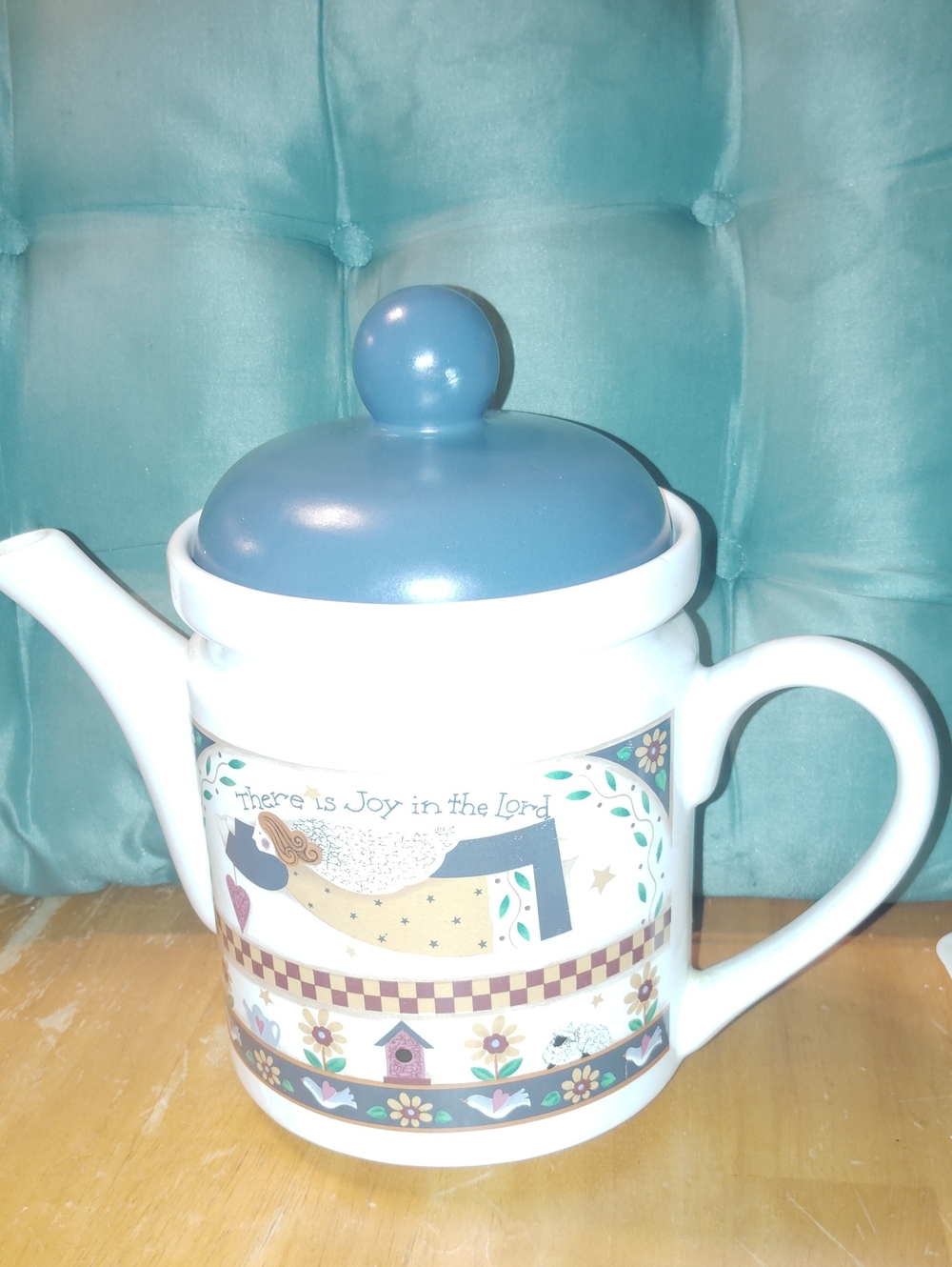 Blue-Top Ceramic Teapot with Decorative Bird Motif